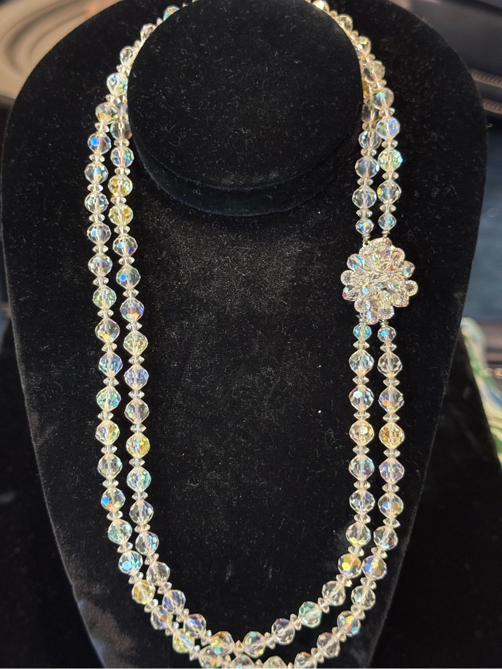 Long Crystal Aurora Borealis Double-Strand Necklace with Rhinestone Floral Clasp